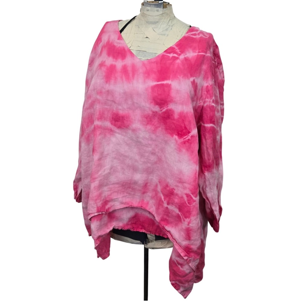 La‎ Fixsun Womens LPink Tie Dye Tunic Top Linen Lagenlook Asymmetrical USA Made